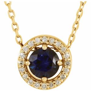 14K Yellow Natural Blue Sapphire &amp; .05 CTW Natural Diamond Halo-Style 16" Necklace