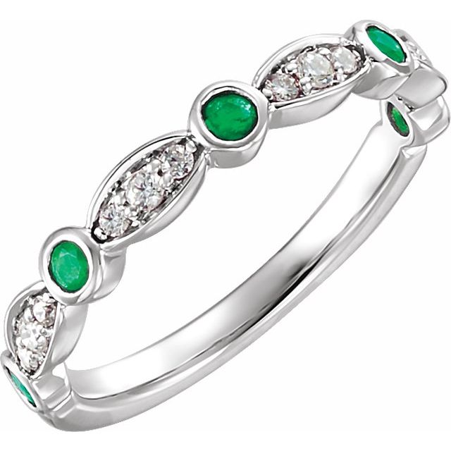 14K White Natural Emerald &amp; 1/6 CTW Natural Diamond Ring