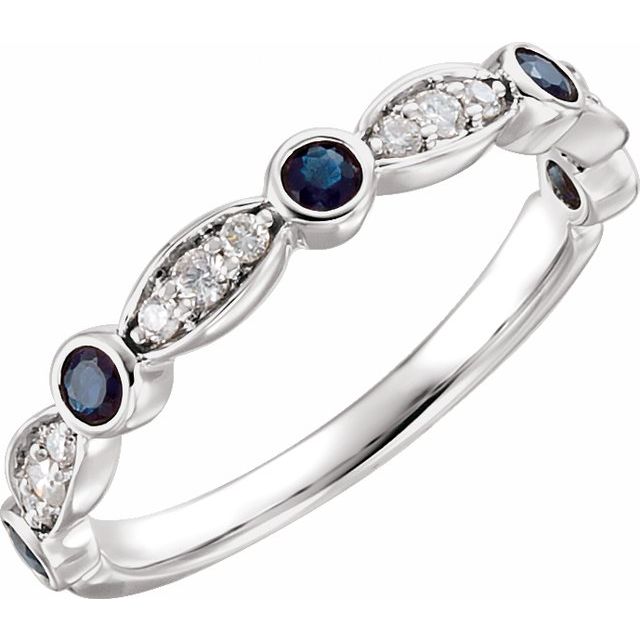 14K White Natural Blue Sapphire &amp; 1/6 CTW Natural Diamond Ring