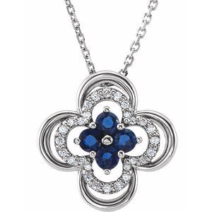 14K White Natural Blue Sapphire &amp; 1/10 CTW Natural Diamond Clover 18" Necklace