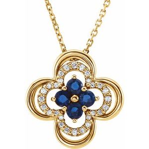 14K Yellow Lab-Grown Blue Sapphire &amp; .08 CTW Natural Diamond Clover 18" Necklace