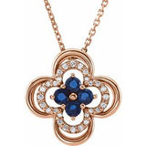 14K Rose Natural Blue Sapphire &amp; 1/10 CTW Natural Diamond Clover 18" Necklace