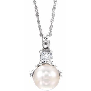 14K White Cultured White Freshwater Pearl &amp; .02 CT Natural Diamond 18" Necklace
