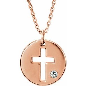14K Rose .03 CT Natural Diamond Pierced Cross Disc 16-18" Necklace