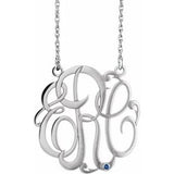 Rhodium-Plated Sterling Silver 25 mm 3-Initials Imitation Blue Sapphire Script Monogram 18" Necklace
