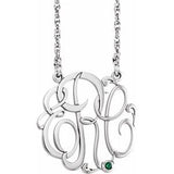 Rhodium-Plated Sterling Silver 25 mm 3-Initials Imitation Emerald Script Monogram 18" Necklace