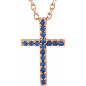 14K Rose Natural Blue Sapphire Petite Cross 16" Necklace
