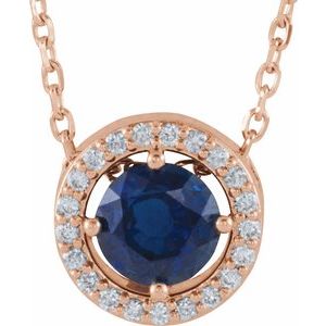 14K Rose Natural Blue Sapphire &amp; .05 CTW Natural Diamond Halo-Style 16" Necklace