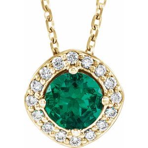 14K Yellow Lab-Grown Emerald &amp; .08 CTW Natural Diamond 18" Necklace