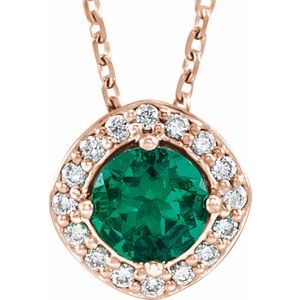 14K Rose Lab-Grown Emerald &amp; .08 CTW Natural Diamond 18" Necklace