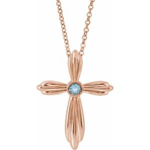 14K Rose Natural Aquamarine Cross 16-18" Necklace