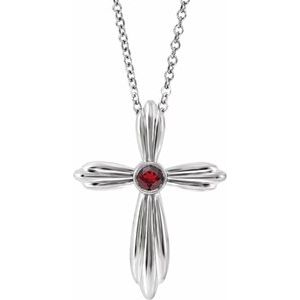 Sterling Silver Natural Mozambique Garnet Cross 16-18" Necklace