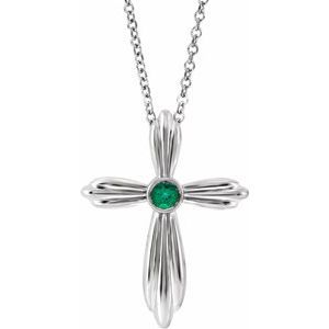 14K White Natural Emerald Cross 16-18" Necklace