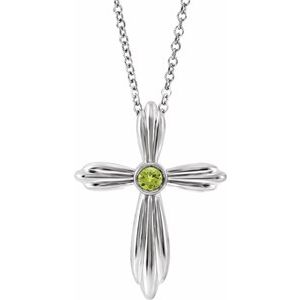 14K White Natural Peridot Cross 16-18" Necklace