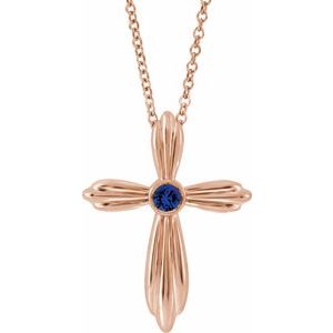 14K Rose Natural Blue Sapphire Cross 16-18" Necklace