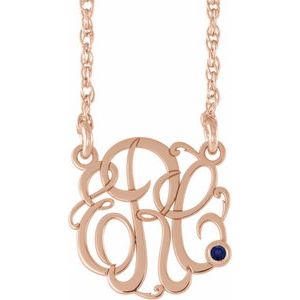 14K Rose 30 mm 3-Initials Imitation Blue Sapphire Script Monogram 18" Necklace