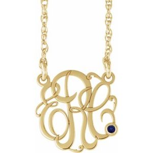 14K Yellow 20 mm 3-Initials Imitation Blue Sapphire Script Monogram 18" Necklace