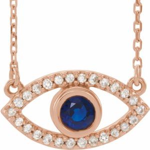 14K Rose Natural Blue Sapphire &amp; Natural White Sapphire Evil Eye 16" Necklace