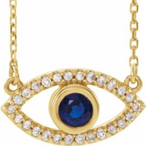 14K Yellow Natural Blue Sapphire &amp; Natural White Sapphire Evil Eye 18" Necklace