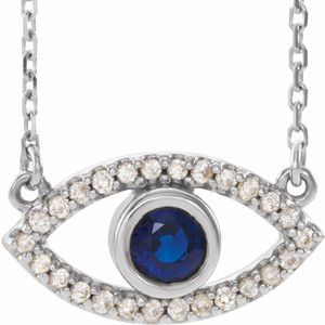 14K White Natural Blue Sapphire &amp; Natural White Sapphire Evil Eye 18" Necklace