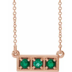 14K Rose Lab-Grown Emerald Three-Stone Bar 16-18" Necklace