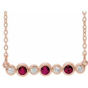 14K Rose Lab-Grown Ruby &amp; .08 CTW Natural Diamond Bezel Set 16-18" Necklace