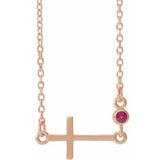 14K Rose Lab-Grown Ruby Sideways Cross 16-18" Necklace
