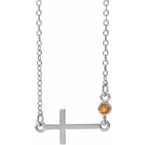 14K White Natural Citrine Sideways Cross 16-18" Necklace