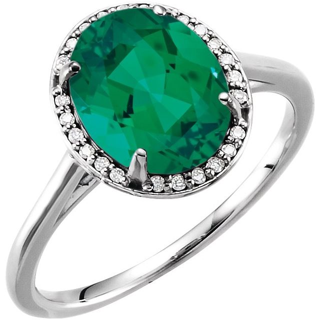 14K White 10x8 mm Lab-Grown Emerald &amp; .06 CTW Natural Diamond Ring