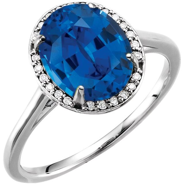 14K White 10x8 mm Lab-Grown Blue Sapphire &amp; .06 CTW Natural Diamond Ring
