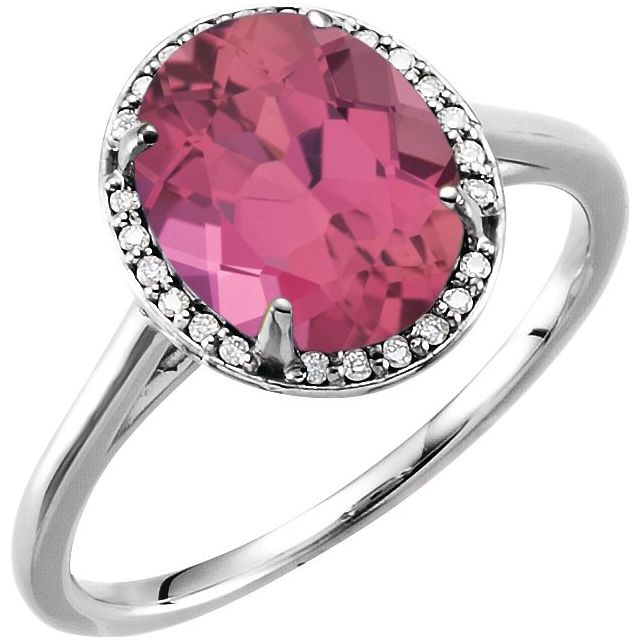 14K White 10x8 mm Natural Pink Tourmaline &amp; .06 CTW Natural Diamond Ring