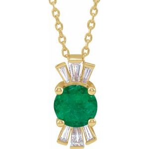 14K Yellow Natural Emerald &amp; 1/6 CTW Natural Diamond 16-18" Necklace