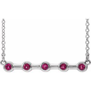 14K White Natural Pink Tourmaline Bezel Set Bar 18" Necklace