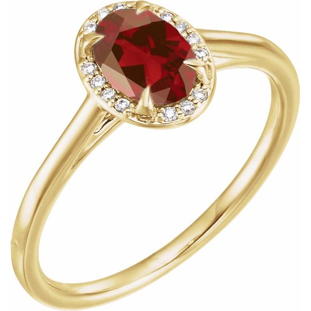 14K Yellow 7x5 mm Natural Mozambique Garnet &amp; .03 CTW Natural Diamond Ring