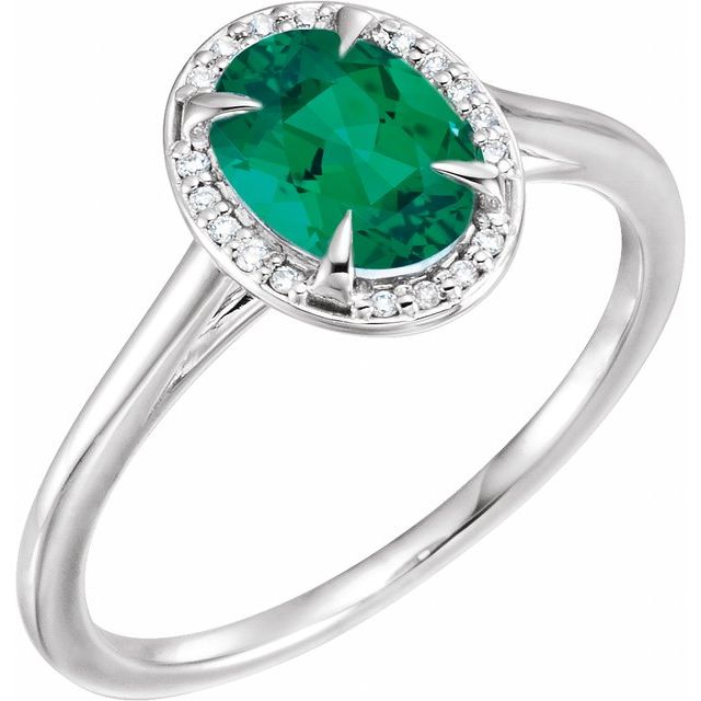 14K White 8x6 mm Lab-Grown Emerald &amp; .04 CTW Natural Diamond Ring