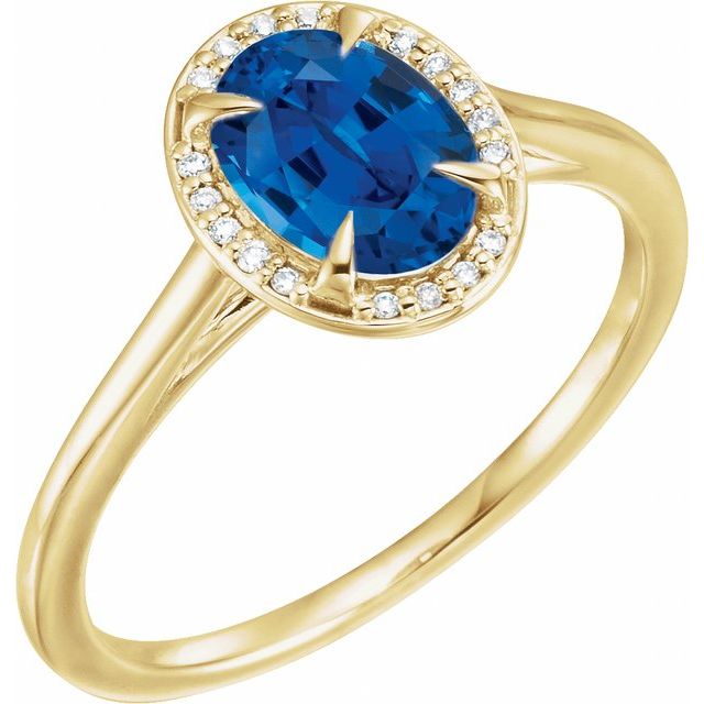 14K Yellow 8x6 mm Lab-Grown Blue Sapphire &amp; .04 CTW Natural Diamond Ring