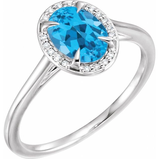 14K White 8x6 mm Natural Swiss Blue Topaz &amp; .04 CTW Natural Diamond Ring