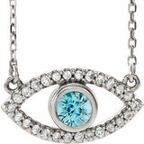 14K White Natural Blue Zircon &amp; Natural White Sapphire Evil Eye 16" Necklace
