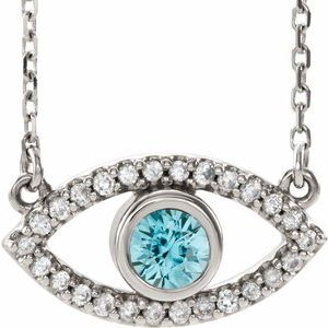 14K White Natural Blue Zircon &amp; Natural White Sapphire Evil Eye 16" Necklace