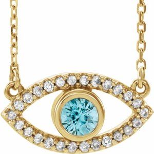 14K Yellow Natural Zircon &amp; Natural White Sapphire Evil Eye 16" Necklace