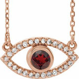 14K Rose Natural Mozambique Garnet &amp; Natural White Sapphire Evil Eye 16" Necklace