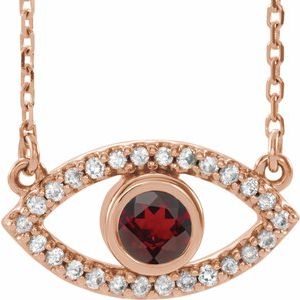 14K Rose Natural Mozambique Garnet &amp; Natural White Sapphire Evil Eye 16" Necklace