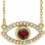 14K Yellow Natural Mozambique Garnet &amp; Natural White Sapphire Evil Eye 16" Necklace