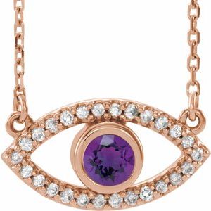 14K Rose Natural Amethyst &amp; Natural White Sapphire Evil Eye 16" Necklace