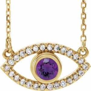 14K Yellow Natural Amethyst &amp; Natural White Sapphire Evil Eye 16" Necklace