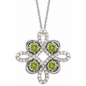 14K White Natural Peridot &amp; 1/6 CTW Natural Diamond Clover 18" Necklace