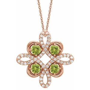 14K Rose Natural Peridot &amp; 1/6 CTW Natural Diamond Clover 18" Necklace