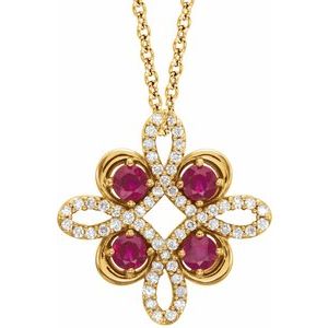 14K Yellow Lab-Grown Ruby &amp; 1/6 CTW Diamond Clover 18" Necklace