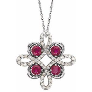 14K White Lab-Grown Ruby &amp; 1/6 CTW Diamond Clover 18" Necklace