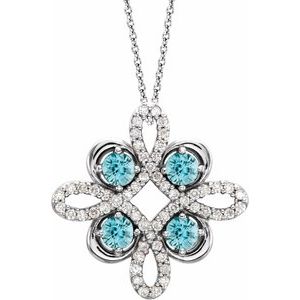 14K White Natural Blue Zircon &amp; 1/8 CTW Natural Diamond Clover 18" Necklace
